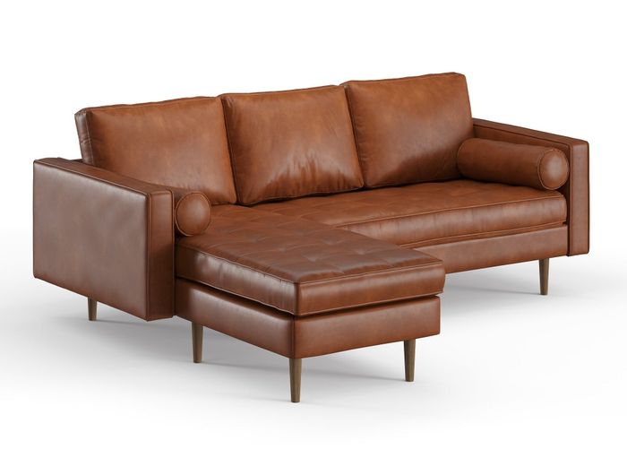 A brown faux leather sectional, combining comfort and style.