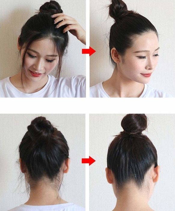 Before and after images of a person with a messy bun full of wisps compared to a sleek, polished look afterward