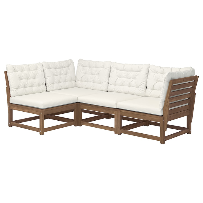 An L-shaped outdoor sectional sofa with plush cushions on a wooden frame. Perfect for patio or garden spaces.