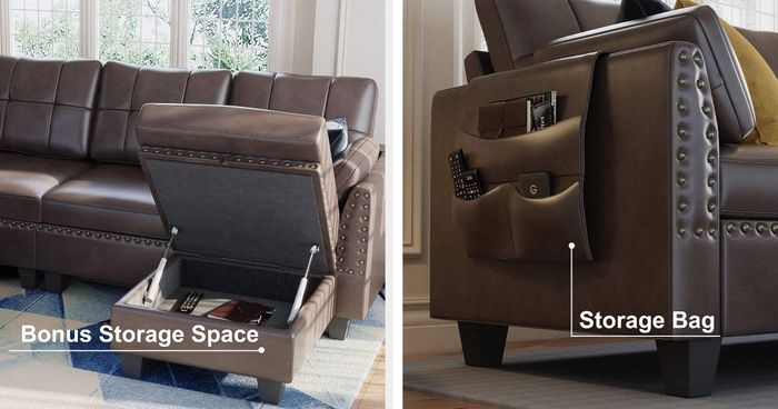 This sectional features bonus storage space beneath the ottoman and a convenient storage bag that hangs off one side