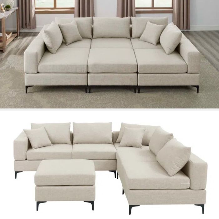 A beige sectional is shown in two different configurations, showcasing its versatility.