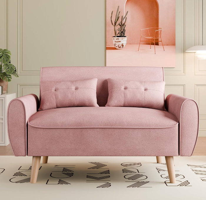A chic pink loveseat with two matching cushions, placed in a beautifully styled living room with a plant, lamp, and artwork in the background