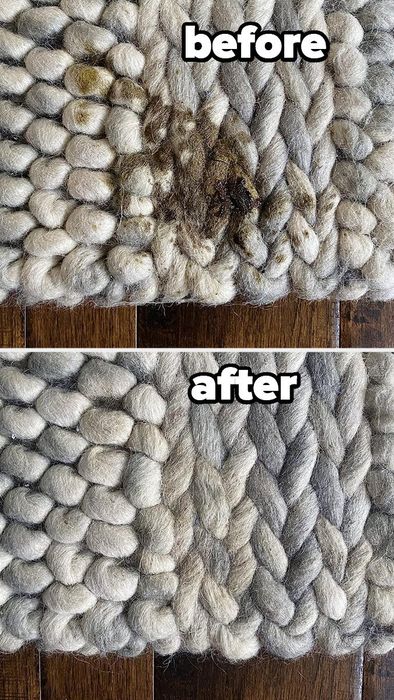 A striking before-and-after comparison of a puppy's mishap on a woven wool rug, with the after image revealing a spotless surface free of any stains.