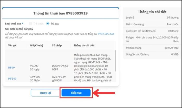 Kiểm tra thông tin SIM và nhấn vào Tiếp tục để tiếp tục quá trình mua.