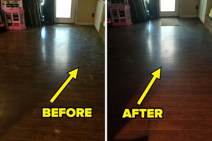 Before and after images of a wooden floor, showcasing a cleaner, more polished look in the 'after' shot