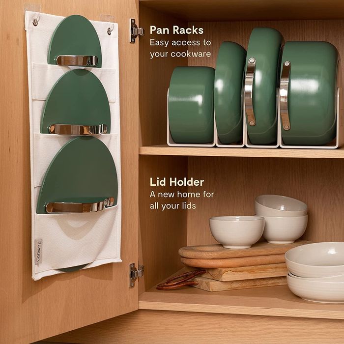 The organized set neatly arranged inside a cabinet