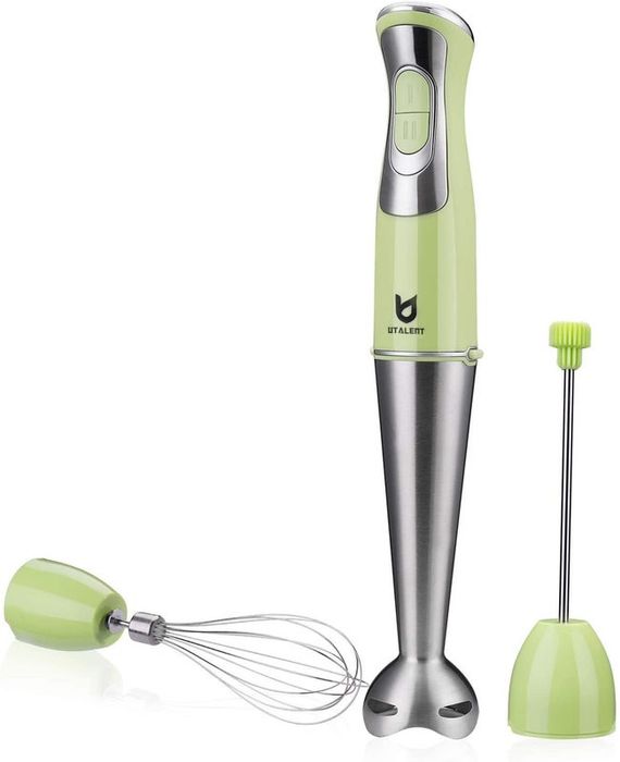 The green immersion blender comes with handy whisk and frother attachments for all your mixing and frothing needs.