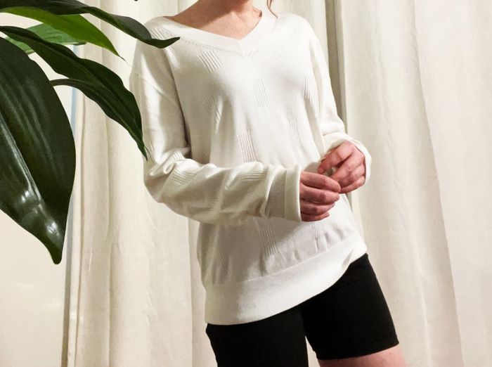 A person wearing a V-neck sweater and shorts stands indoors beside a large plant.