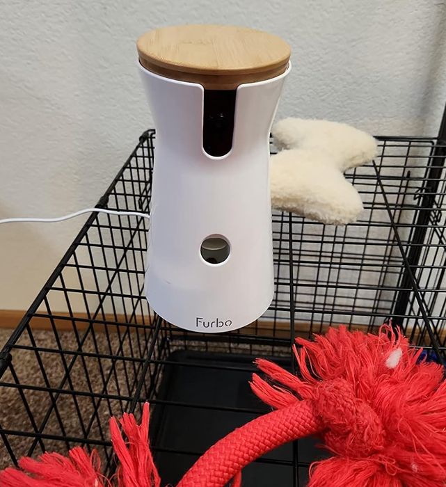 Reviewer’s photo of the Furbo camera placed next to a bag of treats