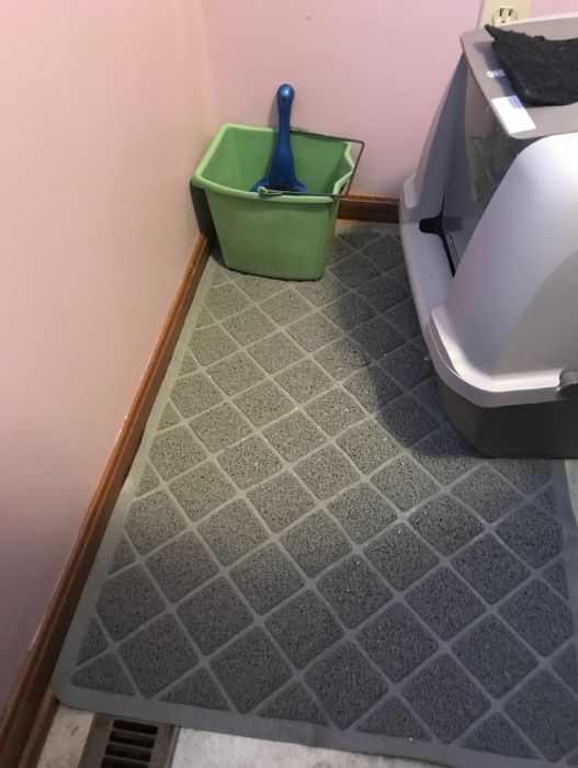 a grey litter mat placed beneath a hooded litter box