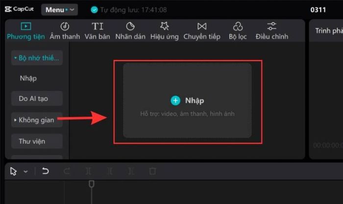 Thêm video muốn cắt bằng cách chọn (+) Nhập trong mục Phương tiện