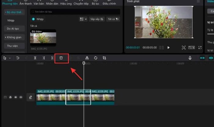 Bạn nhấn vào biểu tượng Thùng rác để loại bỏ phần video không cần thiết.