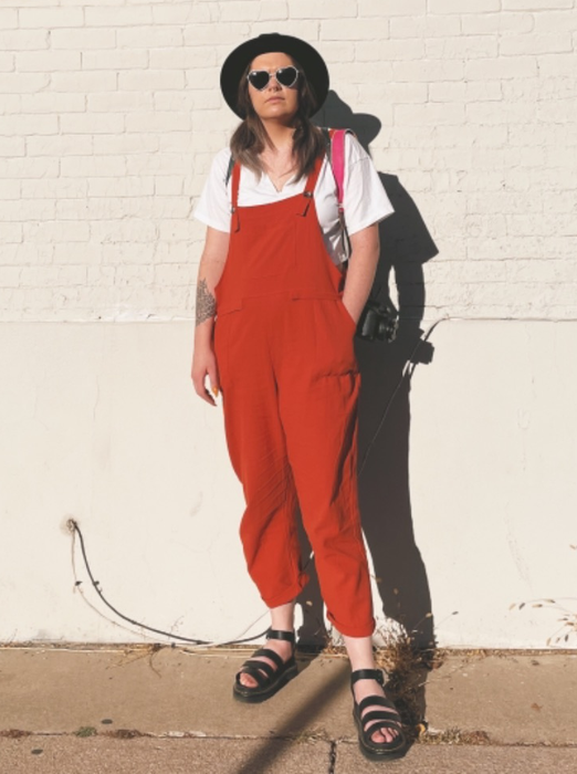 reviewer rocking the orange overalls