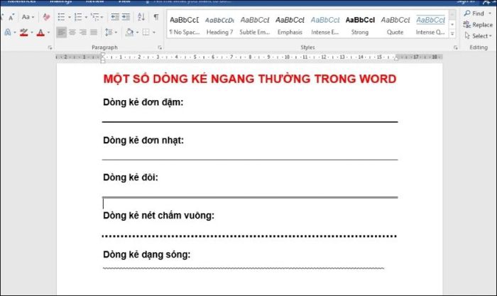 Các mẫu đường kẻ ngang và dấu chấm trong Word