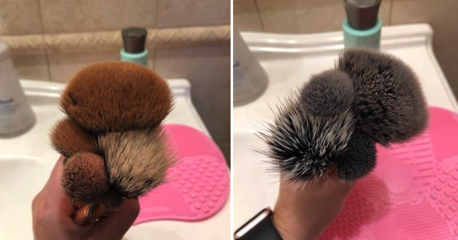 Mytour editor’s before-and-after photos showcasing makeup brushes that look much cleaner after using the shampoo