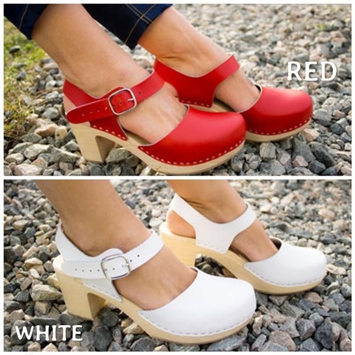 Two images side-by-side showing a model in heeled clogs: the top image features red clogs, and the bottom one shows white clogs, both with a thick wooden sole and ankle strap