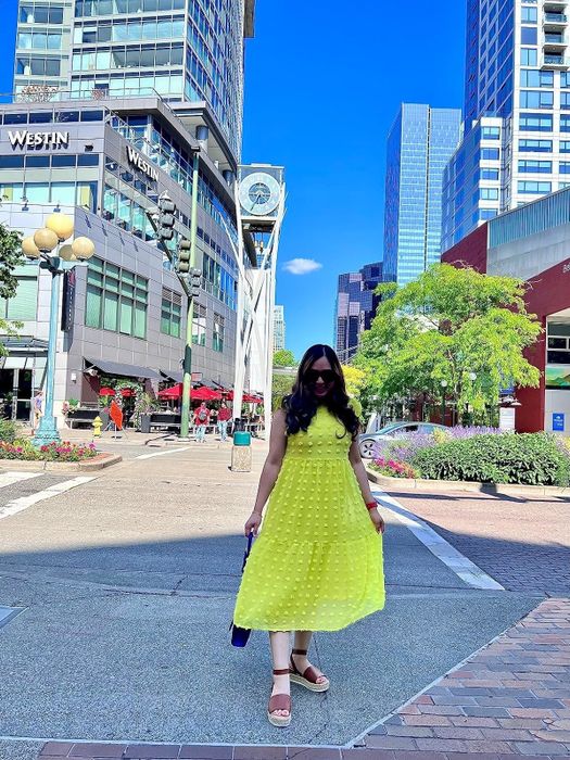 A reviewer dressed in a polka-dot, sleeveless midi dress and espadrille sandals, striking a pose in a bustling urban shopping area surrounded by skyscrapers