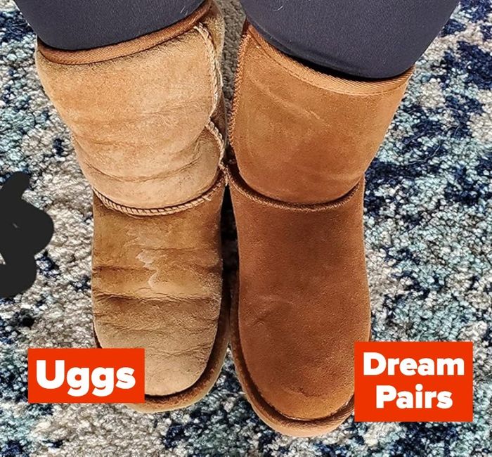 A comparison shows a worn Uggs boot on the left and a new Dream Pairs boot on the right, highlighting the condition differences between the two brands.