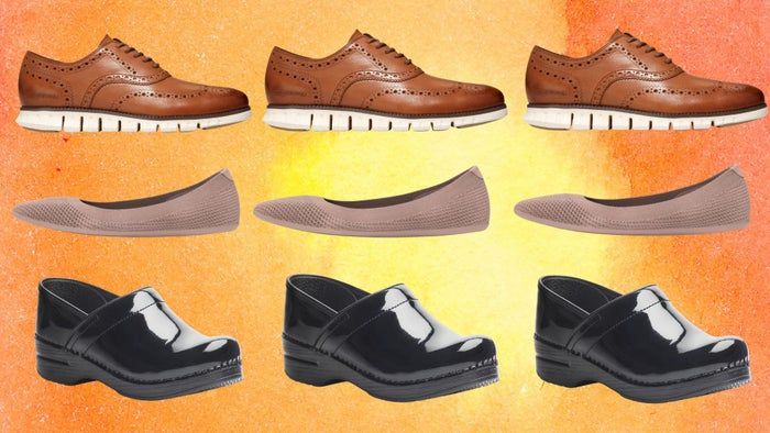 A set of Cole Haan padded Oxfords, ventilated knit ballet flats, and a pair of Dansko clogs