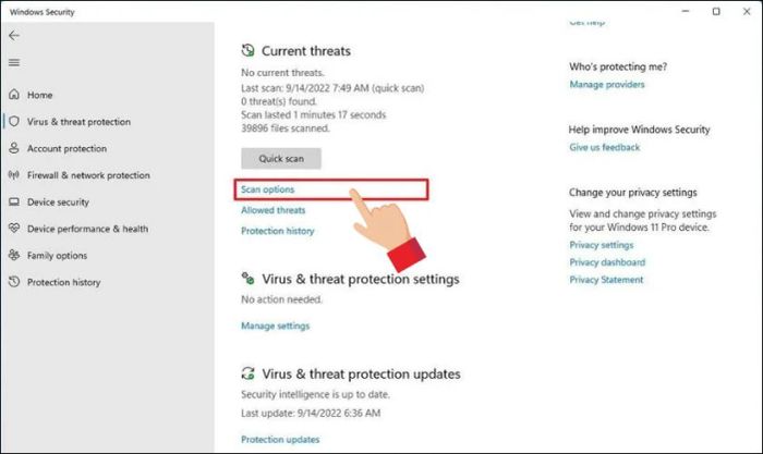Chọn Virus & threat protection và nhấp vào Scan options