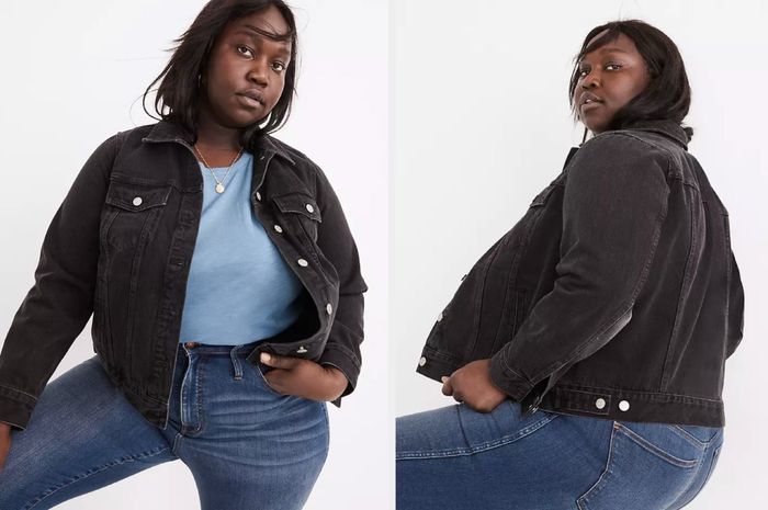 Model wearing a snug black denim jacket with chest pockets and silver buttons, paired with a light blue shirt and jeans. Side and back views of the model showcasing the product in blue jeans.