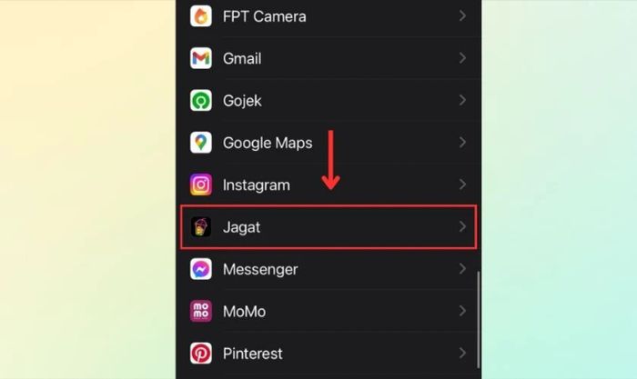 Vào Cài đặt, tìm và chọn ứng dụng Jagat để tiếp tục.