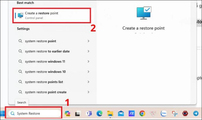 Chọn vào Create a restore point tiếp theo