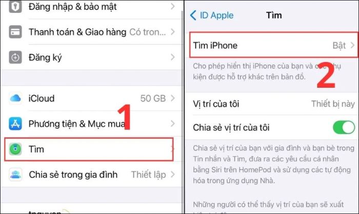 Chọn mục Tìm và tiếp theo chọn Tìm iPhone