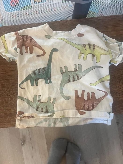 A children's T-shirt with playful dinosaur prints displayed on a wooden surface, highlighting a casual, fun design ideal for young kids