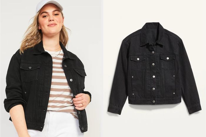 A model wearing a fitted black denim jacket paired with a striped shirt and white pants, set against a white background. Also shown is the product laid flat, buttoned up, on a white surface.