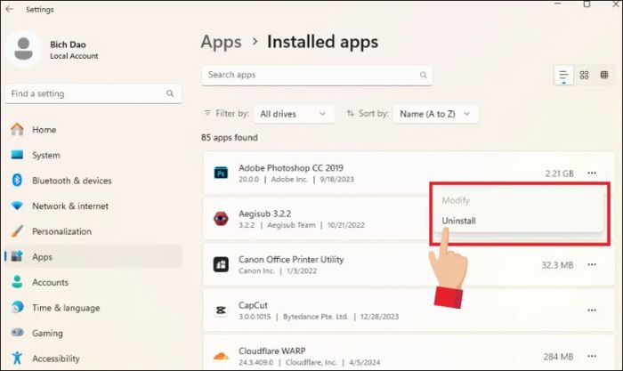 Chọn Uninstall để gỡ bỏ ứng dụng/phần mềm