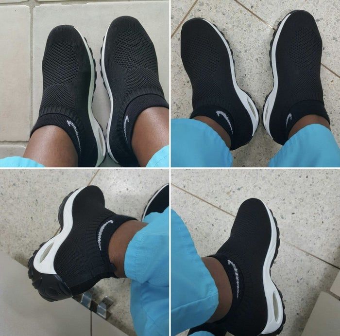 A photoset showcasing black shoes worn by a reviewer.