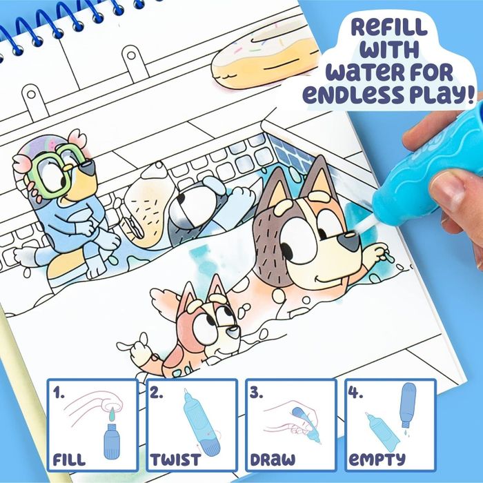 Cartoon characters enjoying a water drawing activity. Instructions show how to refill the water pen for endless fun.