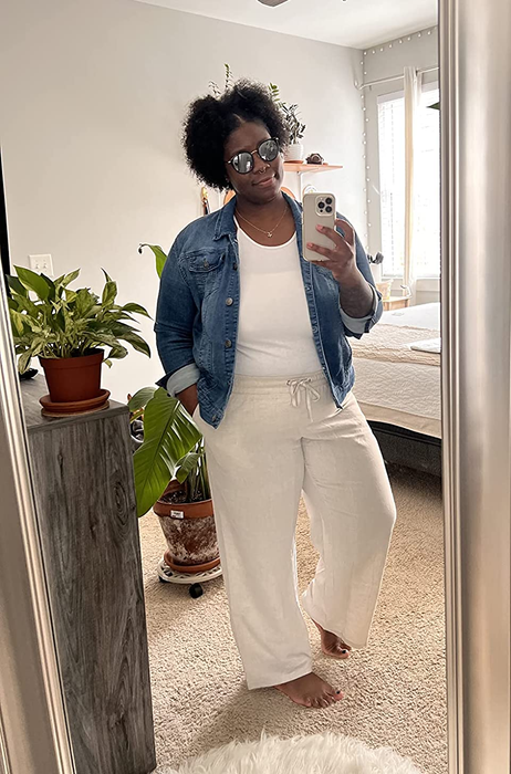 Reviewer mirror selfie featuring wide-leg linen pants