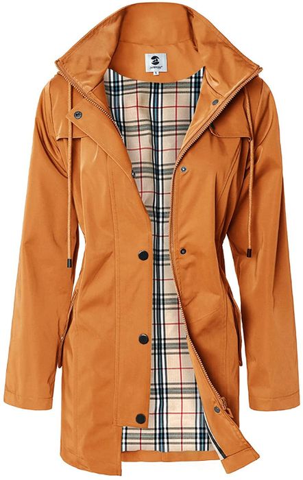 A bright orange jacket with a striking plaid interior, offering both practicality and flair.