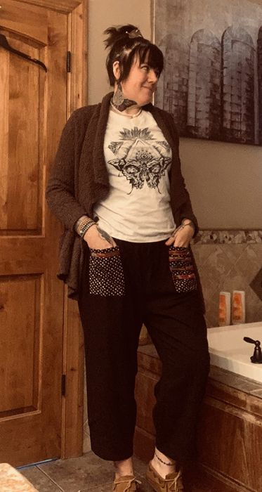 Reviewer photo wearing the patchwork linen pants