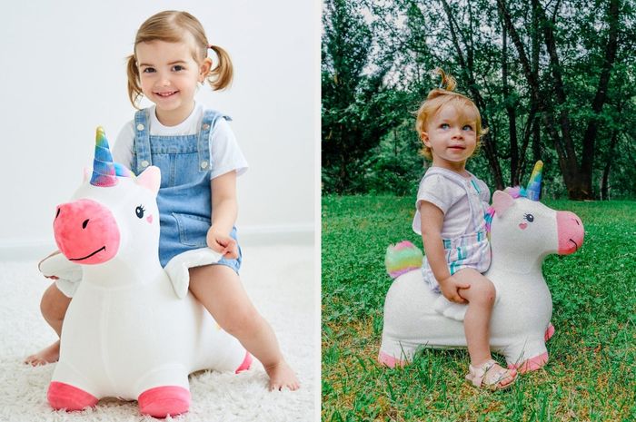 A split image showing a child sitting on a white unicorn toy, featuring a rainbow-colored horn, pink hooves, and a pink snout