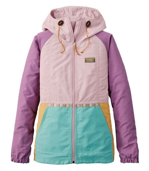 a vibrant jacket with shades of purple, yellow, and teal