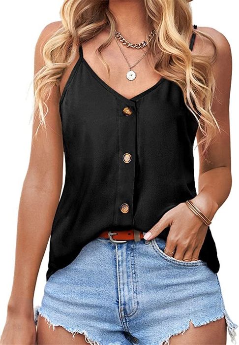 a black button-down shirt with a v-neck and straps worn by a model