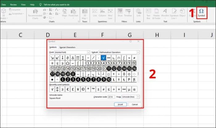 Cách chèn dấu căn bậc hai vào Excel thông qua biểu tượng trong Symbol.
