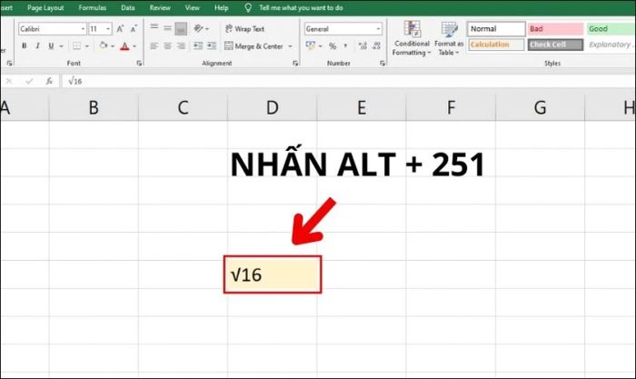 Cách chèn dấu căn bậc hai trong Excel bằng phím tắt