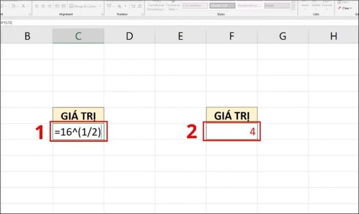 Ví dụ về công thức tính căn bậc hai trong Excel