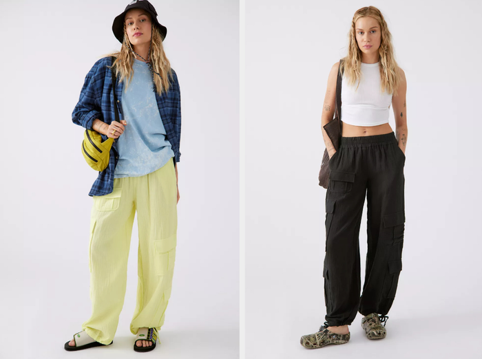 Collage of model wearing cargo pants in lime green and black