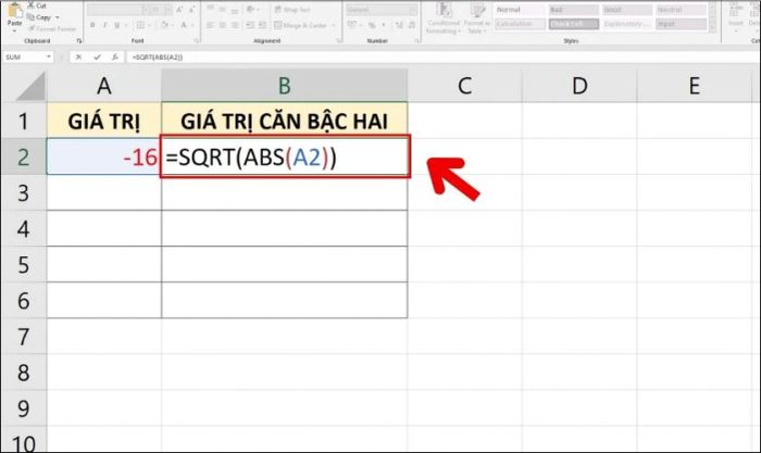 Bài toán minh họa cách tính căn bậc hai trong Excel