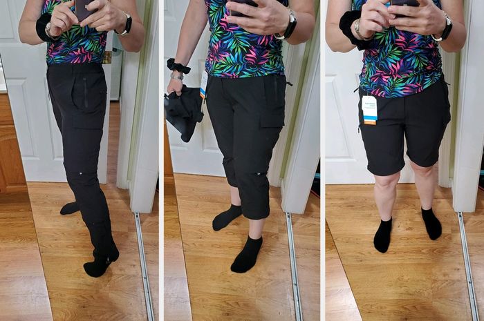 A reviewer's photo features a triple collage showing the zip-off cargo pants in their pants, capris, and shorts forms.