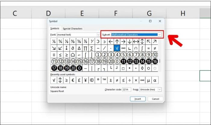 Danh sách các biểu tượng có sẵn trong Excel.