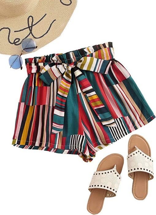 elastic-waist shorts with stripes and a coordinating tie belt