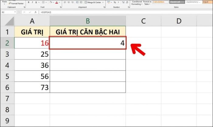 Lệnh tính căn bậc hai trong bảng tính Excel
