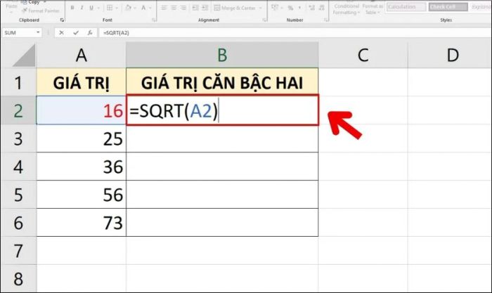 Ví dụ về cách sử dụng hàm SQRT tính căn bậc hai