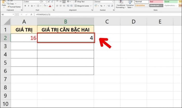 Cách tính căn bậc 2 trong Excel với hàm Power